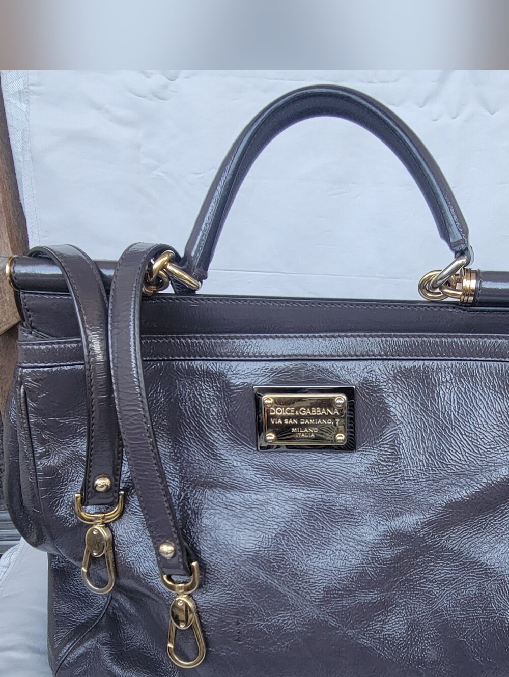 Dolce & Gabbana Glossy Gray Patent Satchel with Gold Hardware